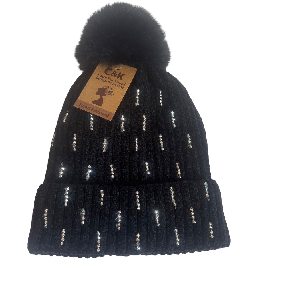 C&K Women Black Faux Fur Lined Stone Pom Hat Rhinestone Ribbed Knit Beanie NWT